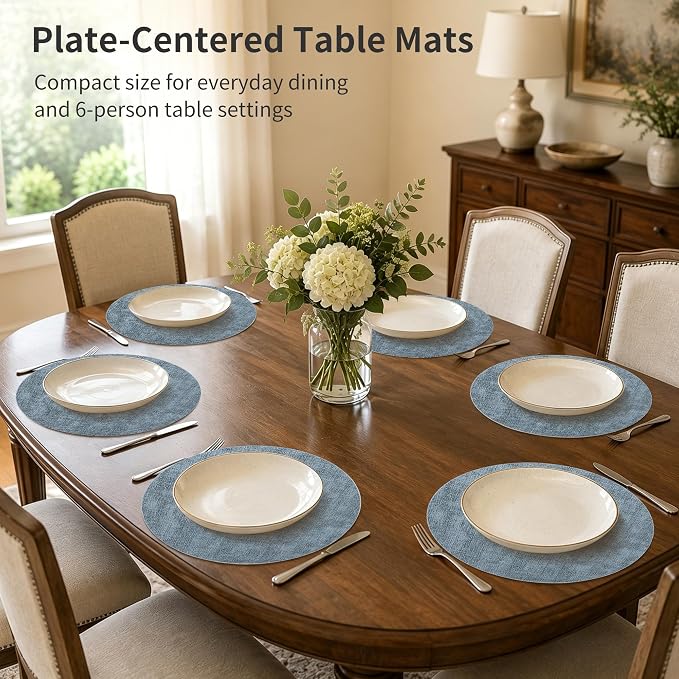 Maxpearl Faux Leather Round Placemats Set of 6, 13.8 inch, Blue | Waterproof, Heat Resistant, Non Slip, Wipe Clean Dining Table Place Mats, Suitable for Indoor & Outdoor Use, Table Settings