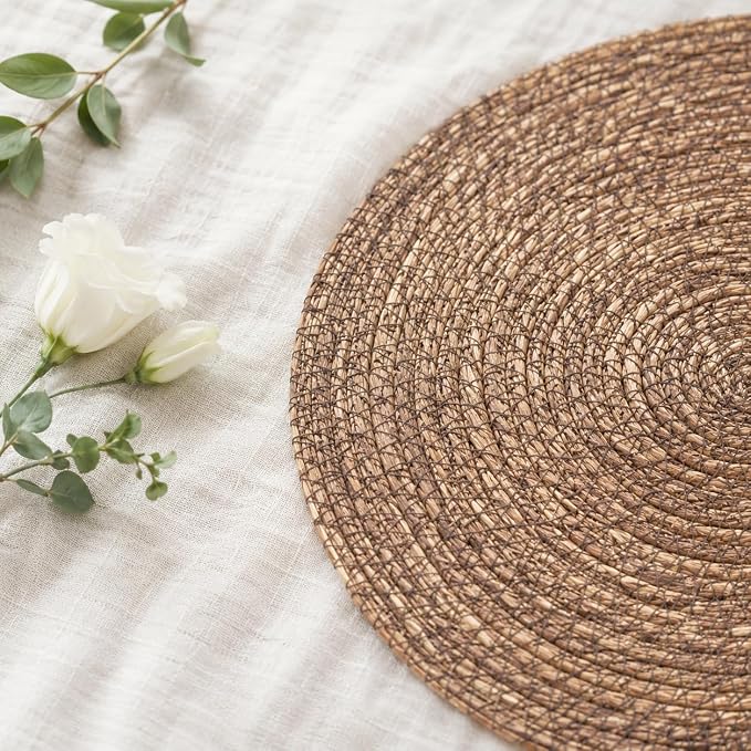 13.8" Set of 8 Brown Seagrass Woven Round Placemats - Wicker Boho Farmhouse Placemats - Rattan Table Mats Like Water Hyacinth for Dining Table, Wedding, Home (Brown Seagrass)