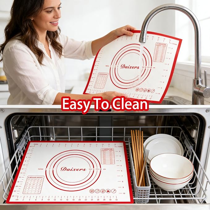 Silicone Baking Mats Set of 2,Large 24" x 16" Small 16" x 12" Non Stick Non Skid Pastry-Mat with Measurements (Red)