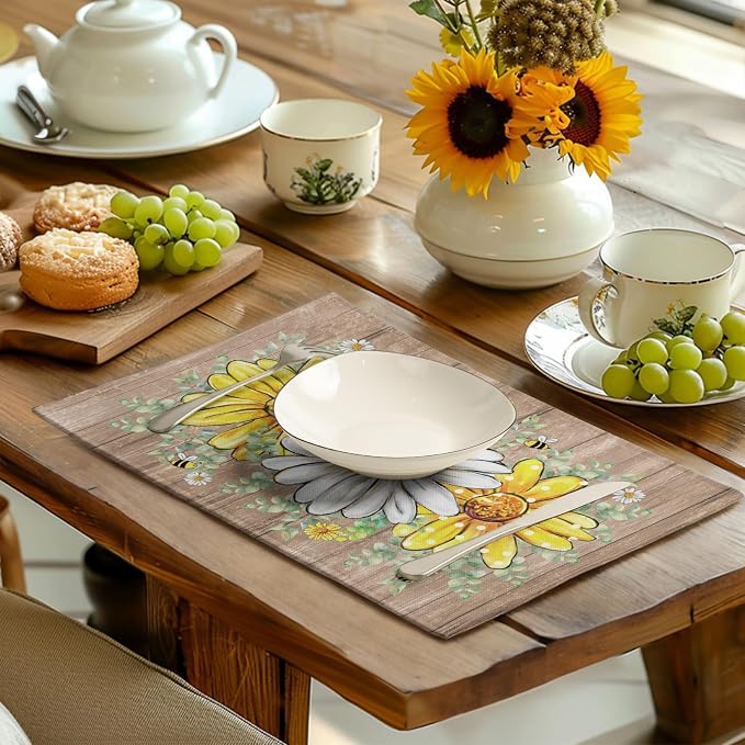 Spring Summer Floral Set of 4 Sunflower Daisy Eucalyptus Leaf Wooden Board Place Mats 12x18 Inch Rustic Vintage Flowers Farmhouse Table Mats for Home Kitchen Dining Decoration