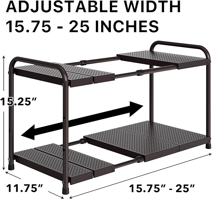 Simple Houseware Under Sink 2-Tier Heavy Duty Expandable Organizer, Bronze | Adjustable Width 15.75–25 Inches with 4 Shelf Height Levels