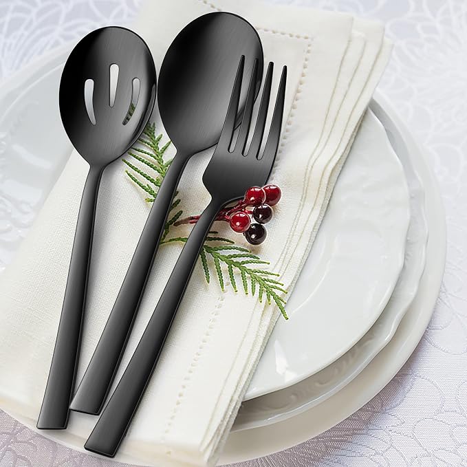E-far Matte Black Serving Utensils Set of 6, Stainless Steel Serveware Set | 8.7 Inch, Hostess Serving Set Including Metal Slotted Spoons Forks for Party Buffet Catering, Square Edge & Rust Free
