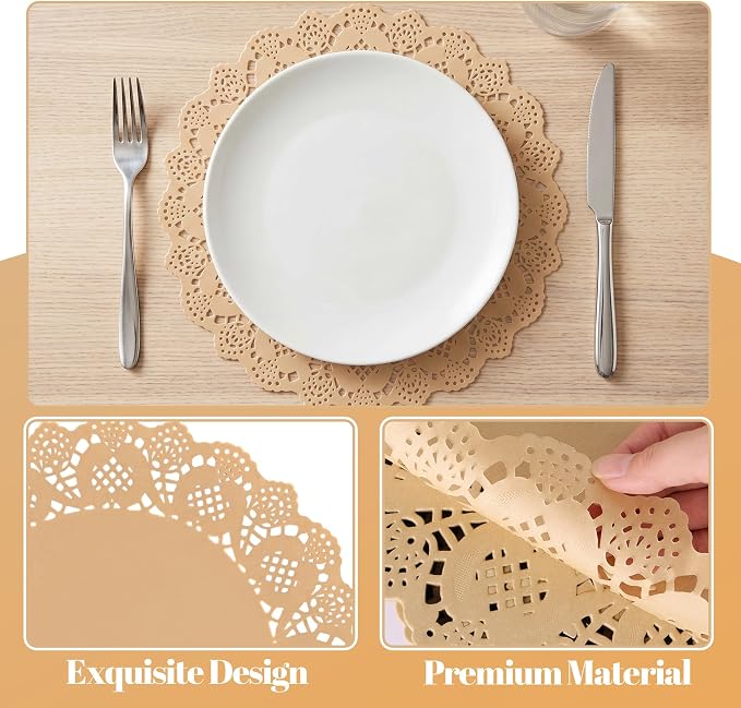 300 Pack 13.5 Inch Round Kraft Paper Doilies, Disposable Lace Placemats | Rustic Brown Scallop Doily Table Pads, Heavy-Duty Paper Place Mats for Cakes, Crafts, Parties, Weddings, Buffet, Home Decor