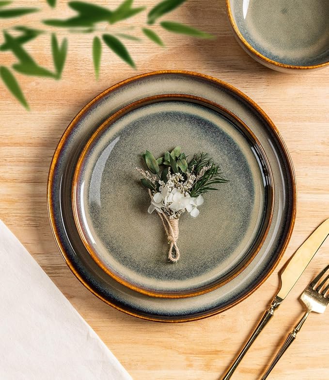 Ceramic Dinnerware Set for 8, 24-Piece Plates and Bowls Set | Handmade Reactive Glaze Dish Set, Scratch Resistant, Oven & Microwave & Dishwasher Safe, Coffee Bean