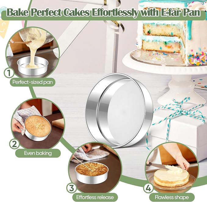 E-far 7 Inch Cake Pan Set of 2, Stainless Steel Round Baking Pans Tins Mold | Non-Toxic & Leak-Proof for Birthday Wedding Layer Tiered Cake, Easy Clean & Dishwasher Safe