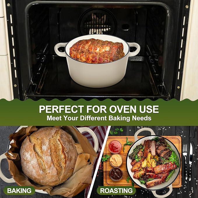 P&P CHEF 5QT Enameled Dutch Oven, Dutch Oven Pot for Bread Baking, Khaki | 5 Quart Enameled Cast Iron Casserole Pot with Lid, for Roasting Braising Stewing Frying Simmering, Work on Various Stoves