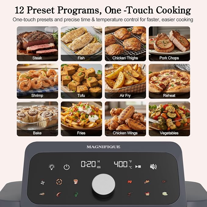 MAGNIFIQUE Casserole Air Fryer 6 Quart Large Capacity, Glass Air Fryer Oven Non Toxic, 12-in-1 Digital Touchscreen, Full Glass Viewing Window, Rapid Hot Air Circulation, Includes Basket & Storage Lid