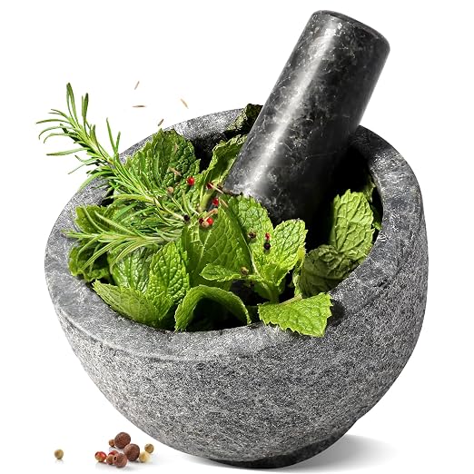 African Natural Granite Mortar and Pestle Set, Grinder Bowl for Guacamole, Salsa, Pill Crusher, Spice, Herb, Garlic, Nut, Heavy Duty Grinder for Kitchen (Sandblasted Finish)