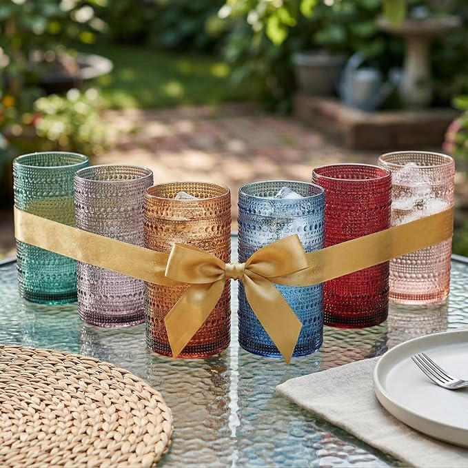 Khen Plastic Hobnail Drinking Highball Glasses Set of 6 Neutral Tones Cups 14oz, Shatterproof & Unbreakable Acrylic Beaded Design, BPA-Free, Dishwasher Safe Indoor/Outdoor Drinkware Water, Cocktails