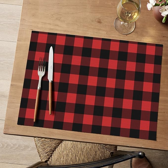 Artoid Mode Buffalo Plaid Vinyl Placemats Set of 4, 12x18 Inch Washable Non-Slip Heat Resistant Plastic Place Mats for Party Dining Table, Black/Red