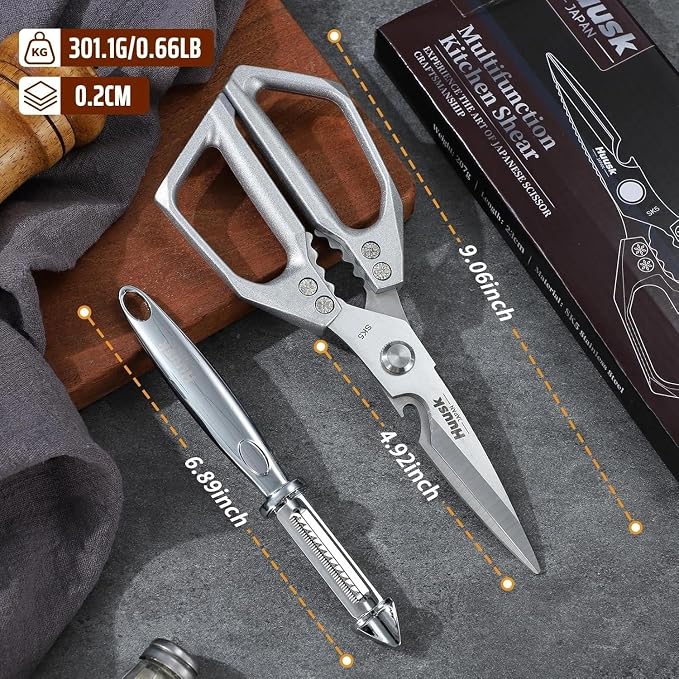 Huusk Kitchen Scissors and Vegetable Peelers Set, Gifts for Women | Multifunction Japanese Stainless Steel Kitchen Shears & Potato Peeler, Ergonomic Non-Slip Handle Design, Easy to Clean