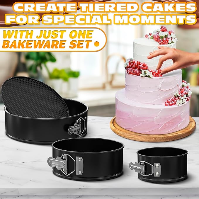 BURIUS Springform Pan Set of 3, 4 7 9 Inch Nonstick Round Cheesecake Pans | Leak-Resistant Sides and Removable Bottoms Release Cheesecakes Cleanly - Easy-Open Latch, Plus 60 Parchment Liners Included