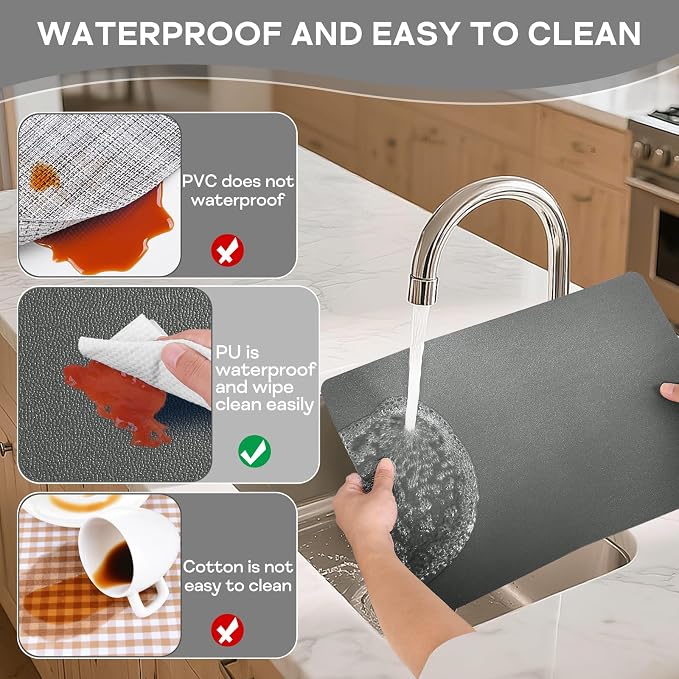 Faux Leather Placemats Set of 6 Waterproof Table Mats with Coaster | 17×12 In Heat Resistant Place Mats Set of 6 Wipebale & Washable Table Placemats for Kitchen Dining Indoor & Outdoor DeepGray