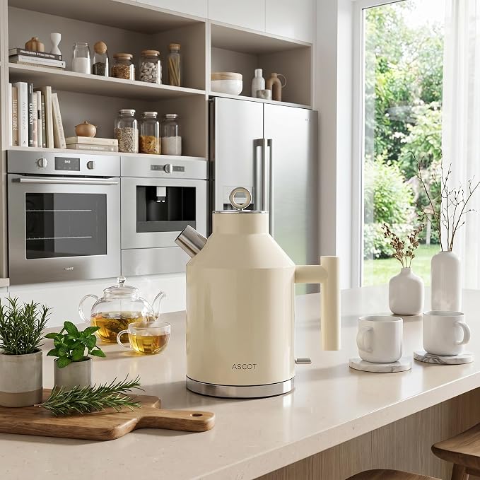 ASCOT Electric Kettle, 1.5L Stainless Steel Interior, Plastic-Free, 1500W Fast Boil, Retro Design, Auto Shut-Off & Boil-Dry Protection, Cream