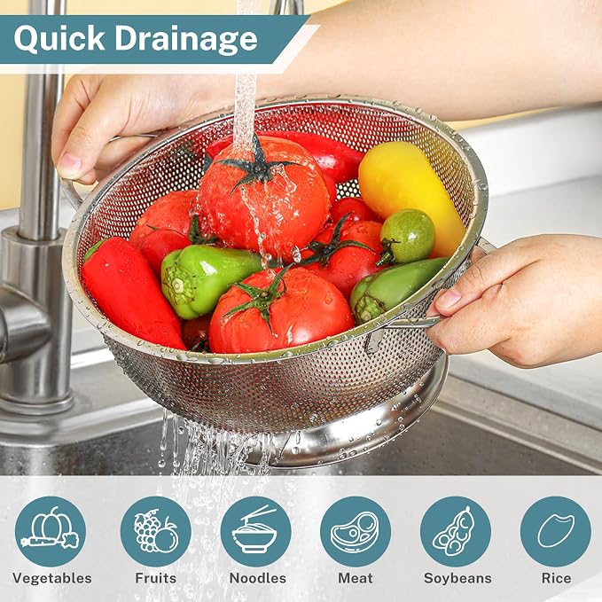 Pleafind Colander for Kitchen - 5 QT & 3 QT Stainless Steel Strainer with Handle, Kitchen Strainer Colanders Bowl for Pasta, Noodles, Spaghetti, Vegetables and Fruits, Rust-Resistant & Dishwasher Safe
