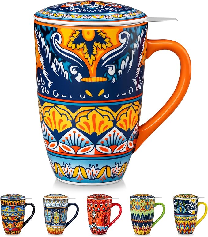 vancasso 18 Oz Tea Infuser Mug with Lid, Amber Iris Bloom | Eye-Catching Bohemian Pattern, Adds Charm to Any Tea Corner, Ceramic Mug with Infuser, Microwave and Dishwasher Safe
