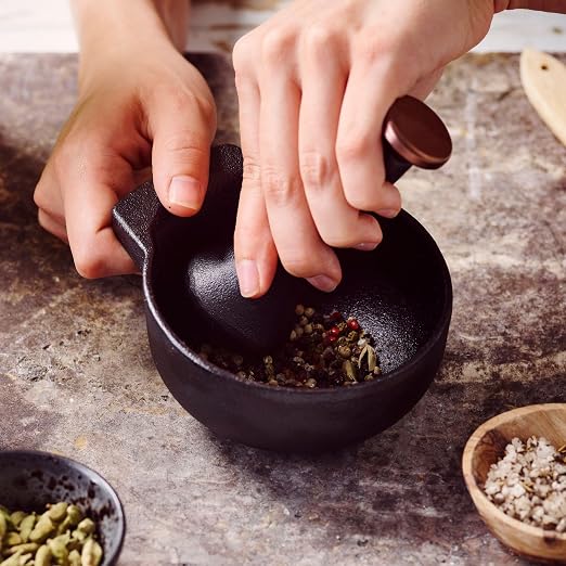 Alva Nori Enameled Cast Iron Mortar & Pestle Set | 2-cup, 4-inch capacity, Spice Grinder Bowl, Heavy-Duty Herb & Garlic Crusher with Textured Interior