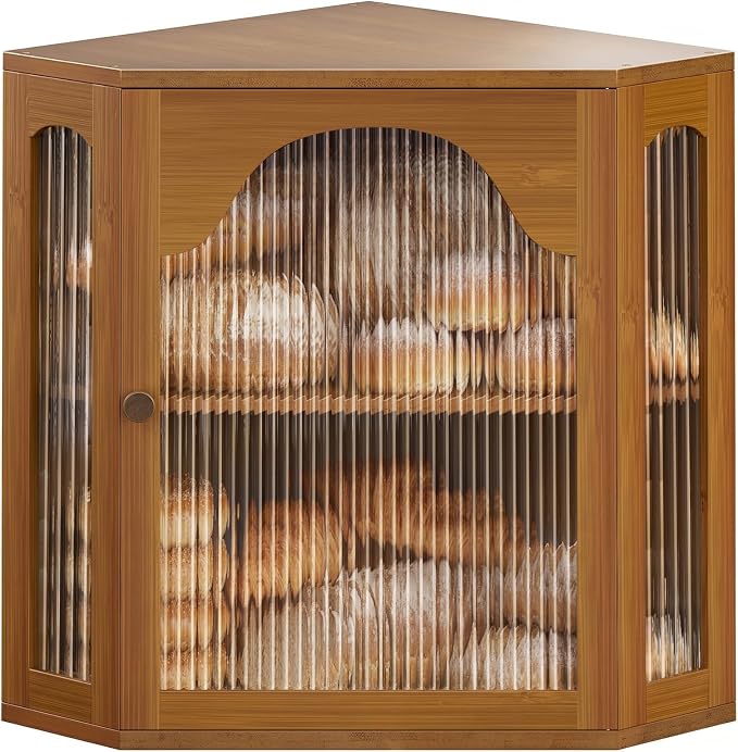 2-Tier Corner Bread Box for Kitchen Countertop with Acrylic Wavy Door Panel | Bread Storage for Homemade Bread, Large Bamboo Vintage Farmhouse Bread Bin, Cabinet Cupboard Pantry, Caramel, Extra Large