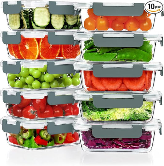 VERONES 10 PACK 22 OZ Glass Meal Prep Containers Set with Lids, Grey | Airtight Glass Lunch Containers Set, Glass Food Storage Containers, for Microwave, Oven, Freezer & Dishwasher Friendly
