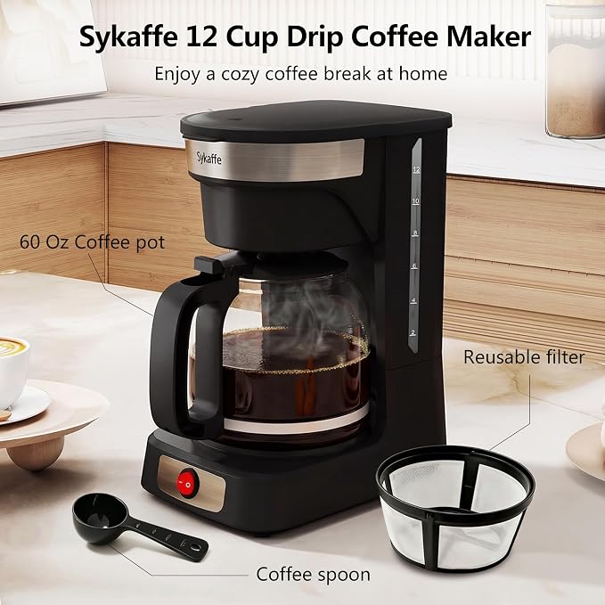 12-Cup Drip Coffee Maker,Auto Keep Warm,Reusable Filter,60Oz Size | Easy-view water tank, pause & pour,Heat-Resistant Coffee Pot, one-touch brewing for home, office, and family gatherings,black