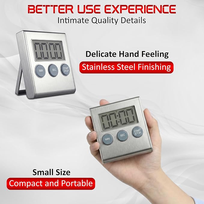 Digital Kitchen Timer with Loud 80dB Alarm & Large Display | Magnetic countdown timer with adjustable stand, auto memory, stopwatch feature for cooking, classroom, study, kids - Silver