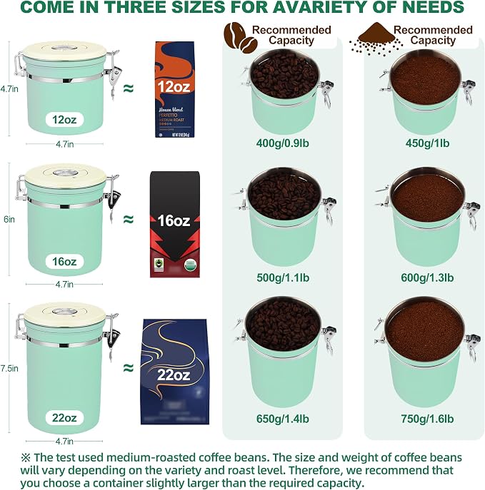ShanSon Coffee Canister Airtight, Stainless Steel Bean Storage Container with Date Tracker & Scoop, Grounds Sugar Flour Tea Cereal Fits Kitchen Pantry, Ideal Gift for Coffee Lovers,12oz,Green
