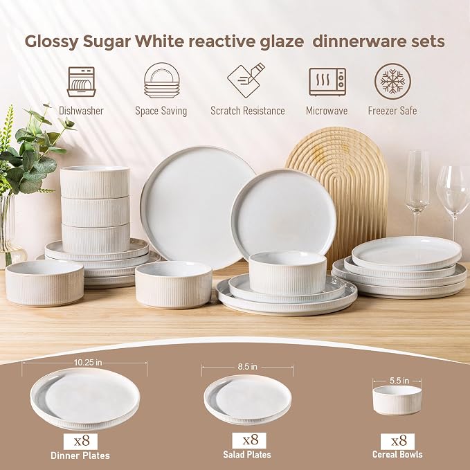 GBHOME Stoneware Dinnerware Sets for 8, 24-Piece Plates and Bowls Set | Handmade Reactive Glaze Ceramic Dish Set, Scratch Resistant, Dishwasher&Microwave Safe,Cloud White