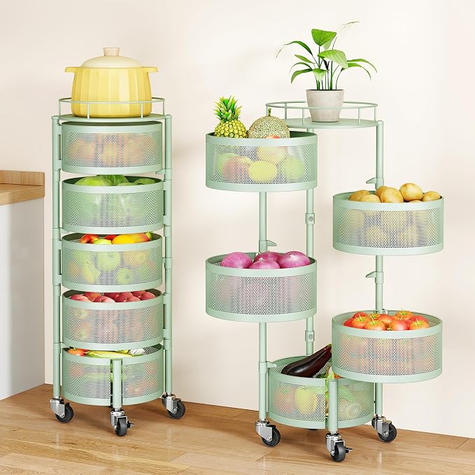 SAYZH 5 Tier Fruit Vegetable Basket Stand for Kitchen, Rotating, Green | Rolling Storage Cart with top lid, Large Metal Wire Rack for Potato and Onion Storage
