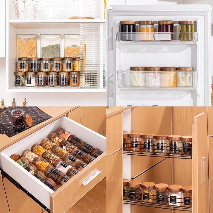 Glass Spice Containers for Kitchen: 12P 8oz Dishwasher Safe Jars | Acacia Wood Lids Round Seasoning Jars w/Lables/Liners for Rack/Cabinet/Drawer