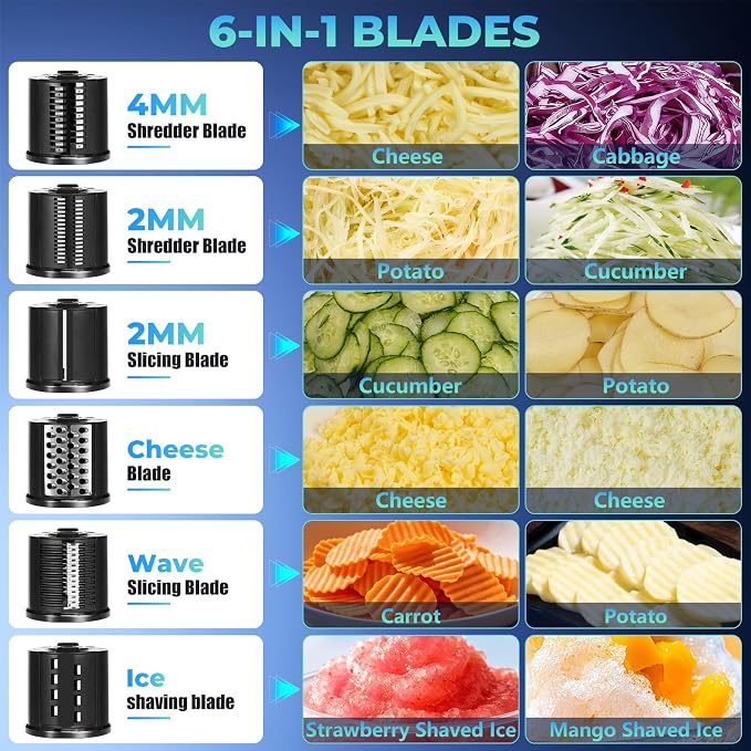 6-IN-1 Electric Cheese Grater Stainless Steel 800W [3S Efficient Cutting] | 800W Heavy Duty Electric Cheese Grater for Block Cheese, Parmesan, Vegetable, salad, Ice Shave（Silver）