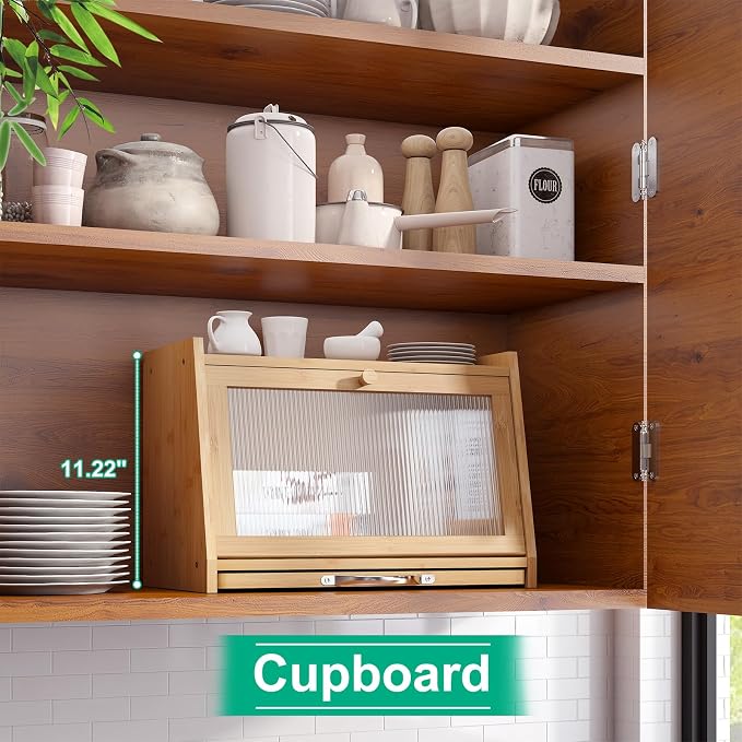 kiplant Bread Box with Cutting Board, Bamboo Bread Box for Kitchen Counter, Bread Storage Container with Wavy Arcylic Transparent Door (Natural)