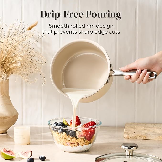 Redchef Nonstick Mini Cookware Set, 8"Ceramic Fry Pan 2.5Qt Sauce Pan with Lid, Fryingpan & Pots Set, Induction Compatible, Nontoxic, Oven Dishwasher Safe, PTFE & PFOA Free, Beige