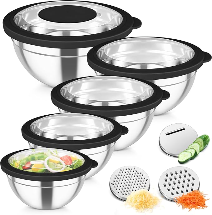 TeamFar Mixing Bowls, Stainless Steel Salad Serving Bowl with Clear Lids | with 3 Graters, For Kitchen Cooking Prepping Storing, Size 4.6/2.6/1.5/1/0.7 QT, Nesting & Airtight, Set of 5 & Black