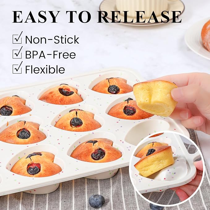 Heart Shaped Muffin Pan, Silicone Heart Mold with Metal Reinforced Frame | 2 Pcs, Nonstick, BPA Free, Oven Dishwasher Safe, Food-Grade Silicone, 12-Cavity for Muffins, Cupcakes, Bread