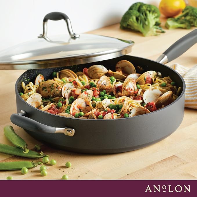 Anolon Advanced Home Hard-Anodized Nonstick 5 Qt Saute Pan with Lid and Helper Handle, Deep Frying Pan, Moonstone