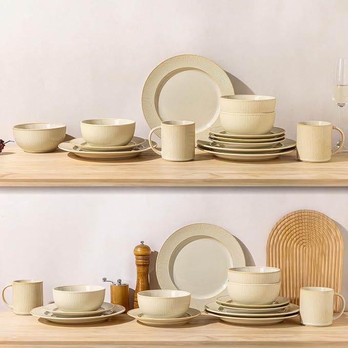 Ceramic Dinnerware Set for 4, 12-Piece Plates and Bowls Set | Lightweight Porcelain Dish Set, Scratch Resistant, Oven & Microwave & Dishwasher Safe, Cream Latte