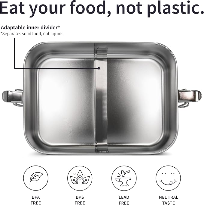 Bambaw Stainless Steel Lunch Box for Adults 47 oz, Metal Bento Box with Adjustable Compartment, Metal Lunch Container, Leakproof Stainless Steel Sandwich Container