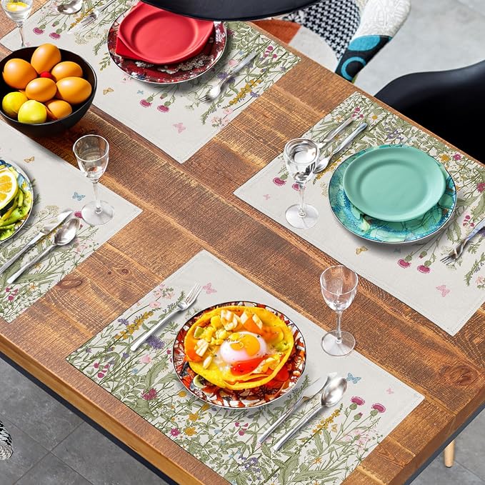 Rustic Wildflower Floral Placemats Set of 4 Spring Summer Vintage Flowers Plants Herbs Linen Table Mats 12x18 Inch Seasonal Flower Decorative Place mats for Farmhouse Kitchen Dining Decoration