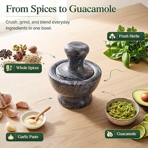 Flexzion Small Marble Mortar and Pestle Set, 4-Inch 1/2-Cup Bowl, Black | Stone Spice Grinder and Pill Crusher with Mushroom Pestle and Non-Slip Pad for Herbs, Spices, Garlic, Seeds and Dry Pills