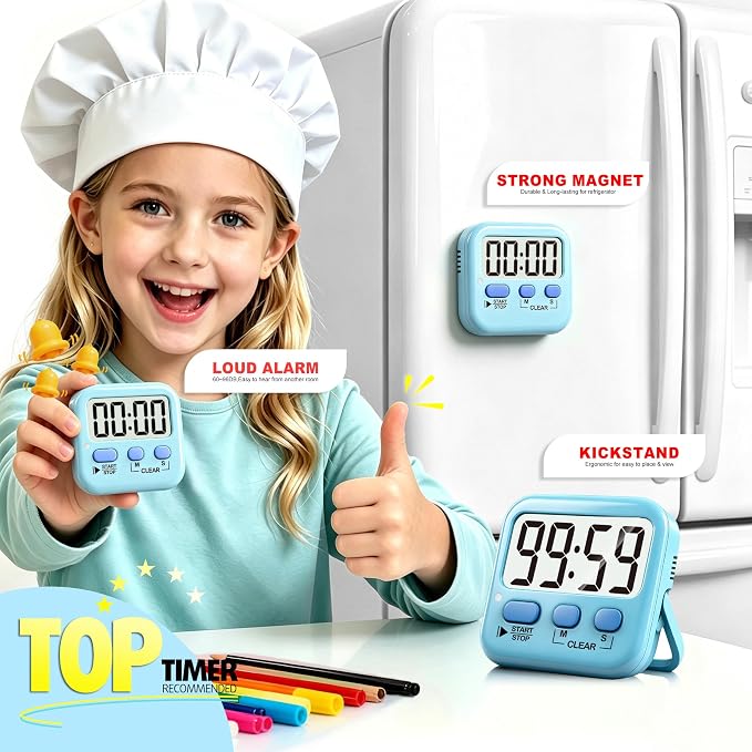 2 Pack Digital Timer for Kids Classroom Kitchen Timers for Cooking | w/ Battery, Easy to View, Alarm, Mute Mode, Count Down/Up, Magnetic, Kickstand, Hanging, Classroom Timer for Teacher Supplies