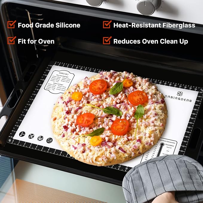 DANIA & DEAN 26"x16" Large Durable Silicone Baking Mat for Pastry and Bread | Non-Slip & Non-Stick Mat with Measurements, for Pizza, Pie Crust, Dough Rolling, Pasta & Sourdough, Reusable Counter Sheet