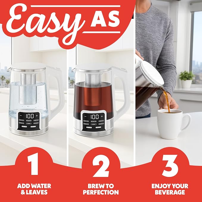 Gourmia Electric Glass Kettle – 1.7L Programmable Tea & Coffee Brewer with Digital Touch Display, 6 Presets, Removable Stainless Steel Infuser, Cordless with 360° Swivel Base, White
