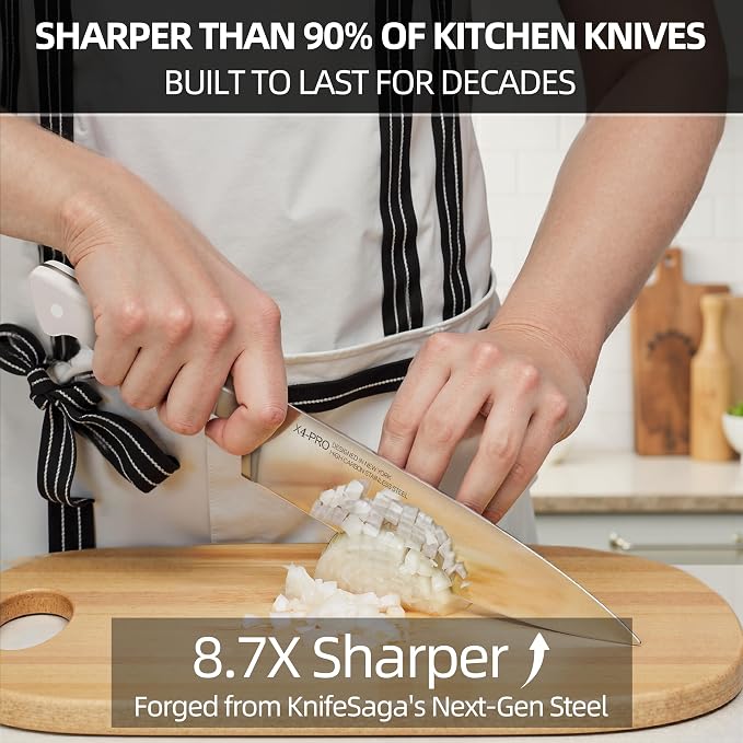 KnifeSaga Japanese Knife Set with Sharpener, Premuim, Razor Sharp, 15 Pcs | Innovative Steel, High Carbon Stainless, Enduring Sharpness, Ergonomic Handle, Quality Acacia Wood Block, Full-tang, Gift Box