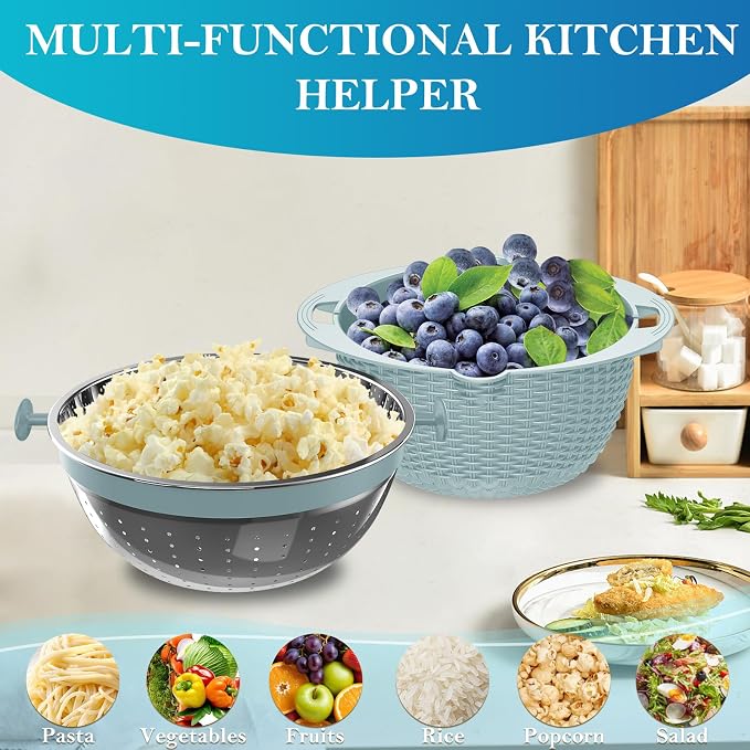 4 in 1 Colander with Mixing Bowl Set, Colander for Kitchen, Strainers and Colanders, Pasta Strainer, Fruit Cleaner, Veggie Wash, Aesthetic Kitchen Essentials - Blue
