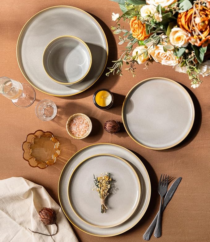 Ceramic Dinnerware Set for 8, 24-Piece Plates and Bowls Set | Handmade Reactive Glaze Dish Set, Scratch Resistant, Oven & Microwave & Dishwasher Safe, Autumn Haze