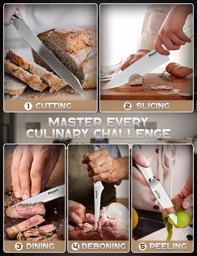Huusk Knife Set with Block - Chef Knife with Natural Block Ivory White 14PC | Japanese Stainless Steel, Long-lasting Edge, All-in-One for Daily Use, Housewarming Gift for Women Men