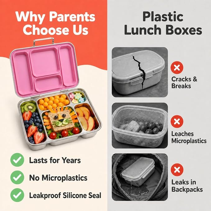 Stainless Steel Bento Lunch Box for Kids – 5 Leakproof Compartments, Food-Grade 304 Steel, Plastic-Free BPA-Free Kids Bento Box for School, Daycare & Travel - Pink