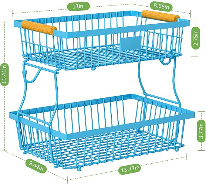 2 Tier Fruit Basket for Kitchen Counter with 2 Banana Hangers, Countertop Metal Bread Basket with Wooden Handle, Large Storage Stand for Vegetables, Snacks, Eggs, Produce Storage – Blue