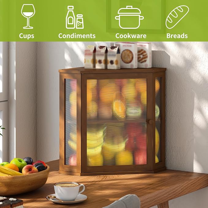 BMOSU Corner Bread Box for Kitchen Countertop Double Layer Bamboo Wooden Bread box Large Capacity Bread Storage Bin(Brown, Extra Large)
