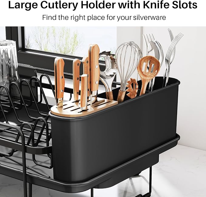 SNTD Large Dish Drying Rack for Kitchen Counter, Expandable, Black | Stainless Steel Dish Drainer, Adjustable Length 18.9''-29.3'', Automatic Drainage, 360° Spout, Cutlery Holder with Knife Slot